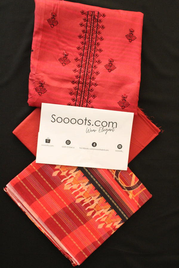 3 PC Embroidered Linen With Dori Dupatta